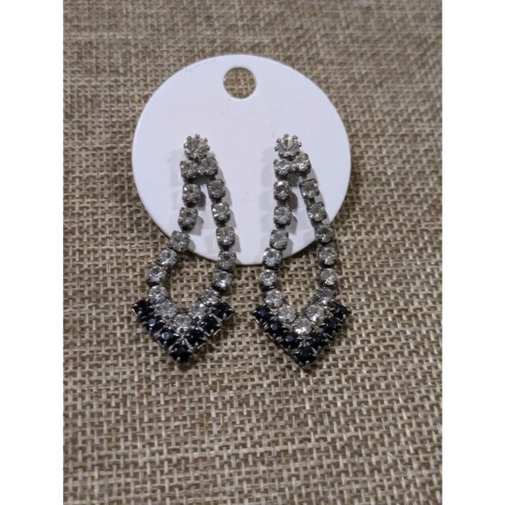 Clear and black rhinestone teardrop pierced vintage earrings